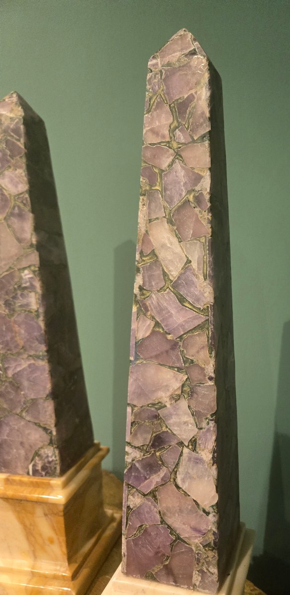 Pair Of Amethyst Obelisks With Siena Yellow Marble Bases, Height 53 Cm, 20th Century, Excellent Condition-photo-2