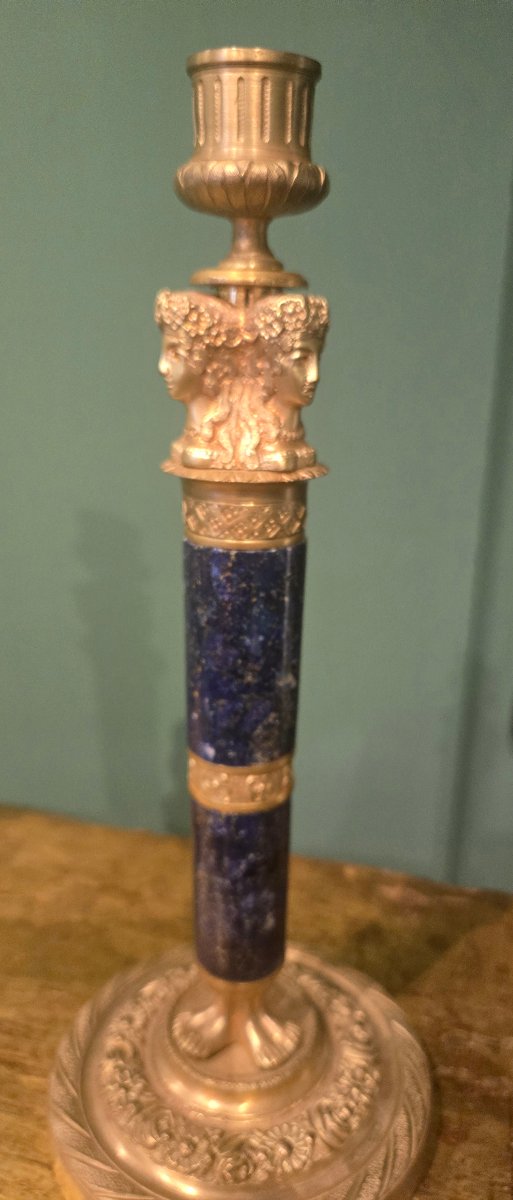 Pair Of Candelabra In Gilded Bronze And Lapis Lazuli, Restoration Period, 19th Century, Height 28 Cm -photo-2