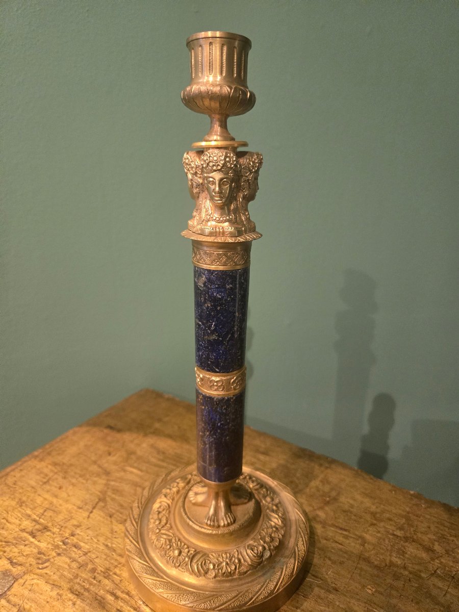 Pair Of Candelabra In Gilded Bronze And Lapis Lazuli, Restoration Period, 19th Century, Height 28 Cm -photo-3