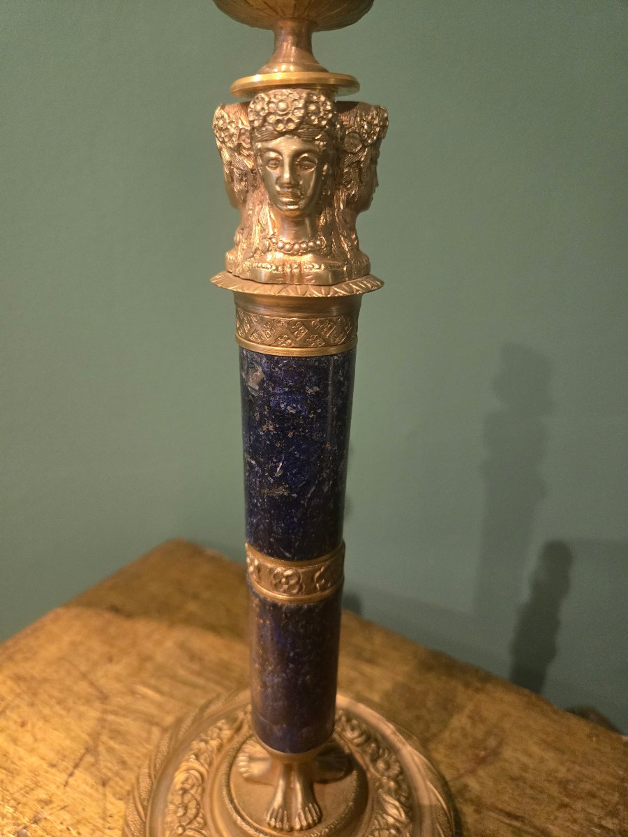 Pair Of Candelabra In Gilded Bronze And Lapis Lazuli, Restoration Period, 19th Century, Height 28 Cm -photo-4