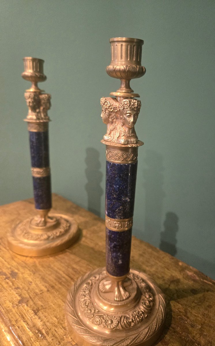 Pair Of Candelabra In Gilded Bronze And Lapis Lazuli, Restoration Period, 19th Century, Height 28 Cm -photo-1