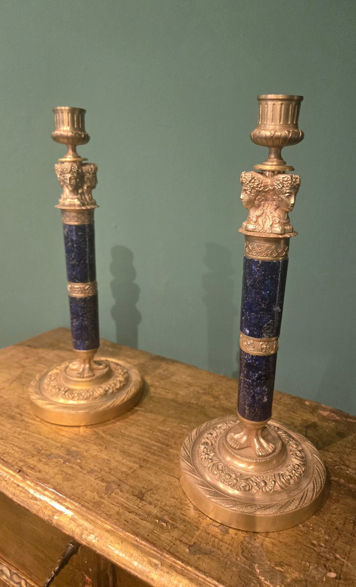 Pair Of Candelabra In Gilded Bronze And Lapis Lazuli, Restoration Period, 19th Century, Height 28 Cm 