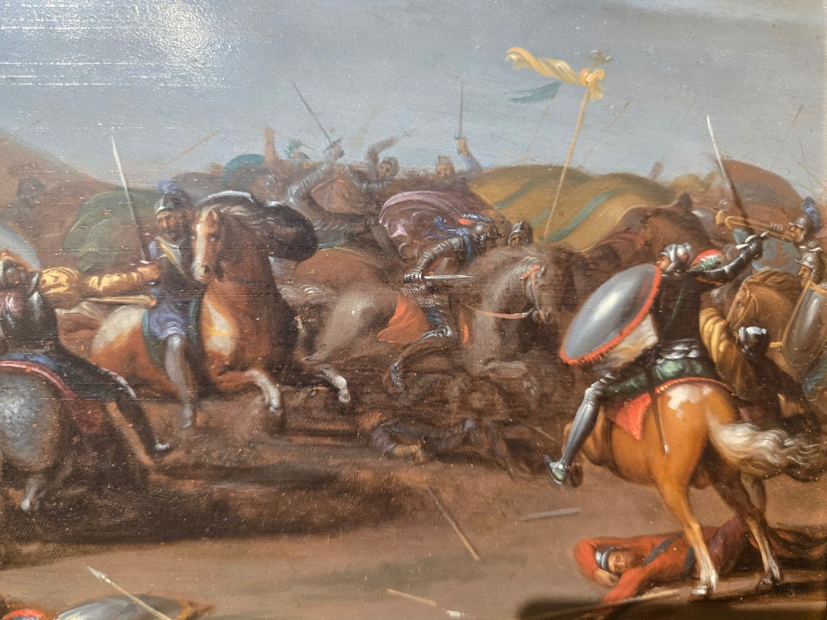 Huile sur cuivre, scene de battaille, fin du XVII siecle, 32 x 25 Cm,  tres bon etat-photo-2