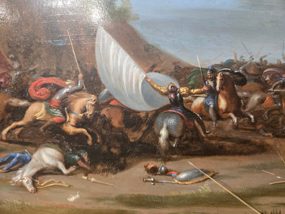 Huile sur cuivre, scene de battaille, fin du XVII siecle, 32 x 25 Cm,  tres bon etat-photo-4