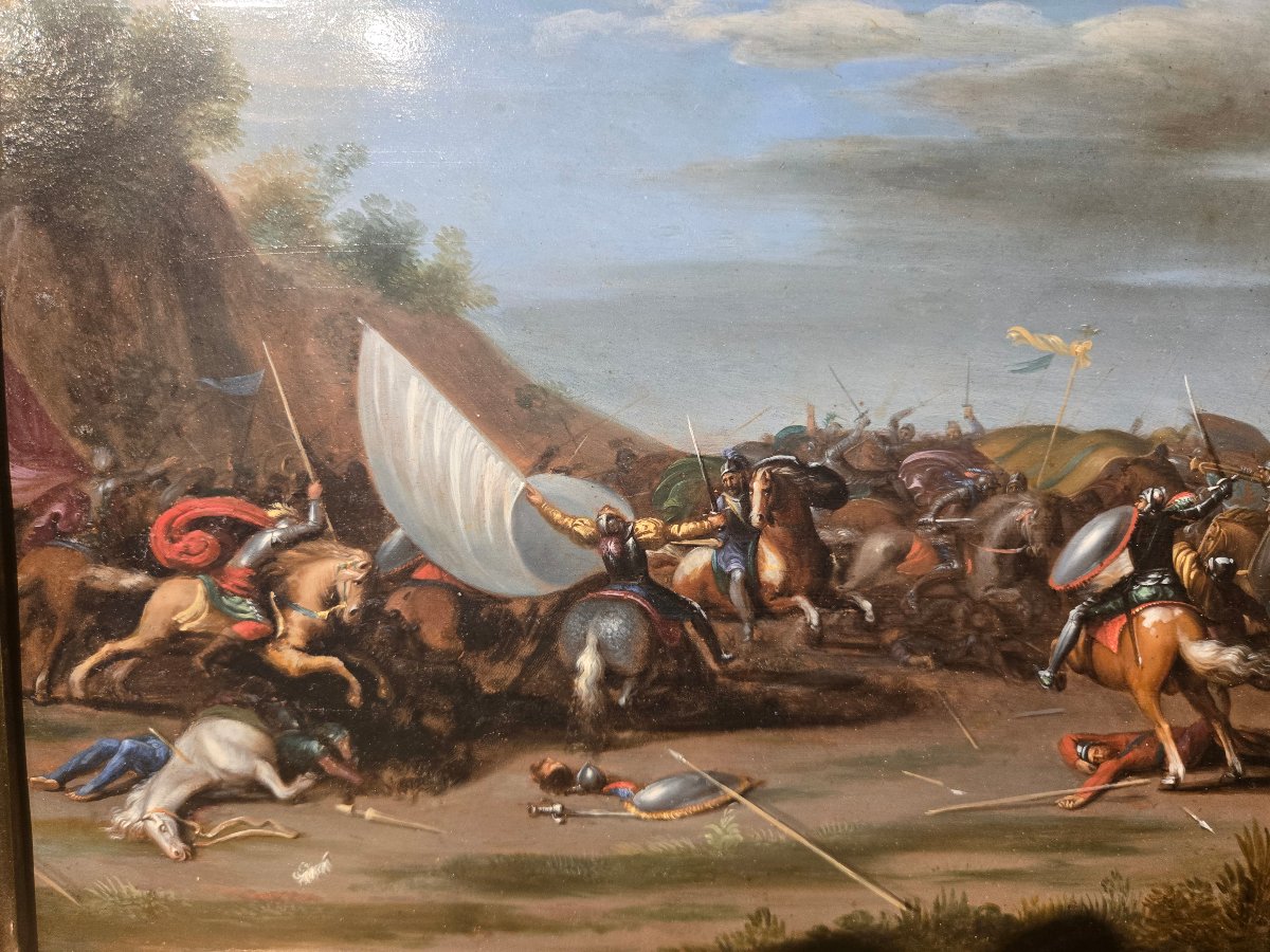 Huile sur cuivre, scene de battaille, fin du XVII siecle, 32 x 25 Cm,  tres bon etat-photo-1