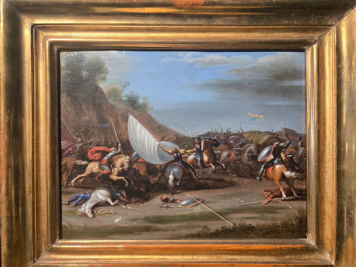 Huile sur cuivre, scene de battaille, fin du XVII siecle, 32 x 25 Cm,  tres bon etat