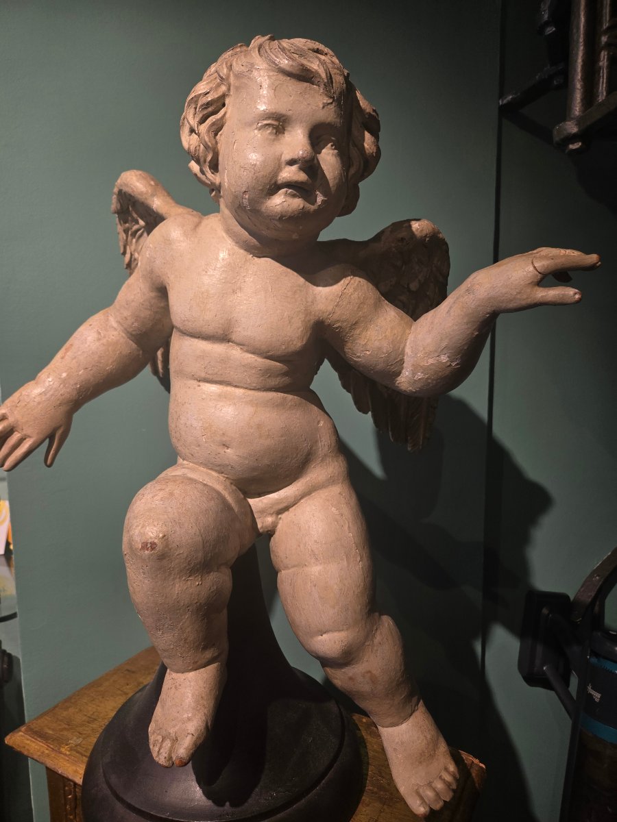 Paire d'Anges Cherubins en bois laque, fin du XVIII siecle, h max 73 cm, etat comme photo-photo-3