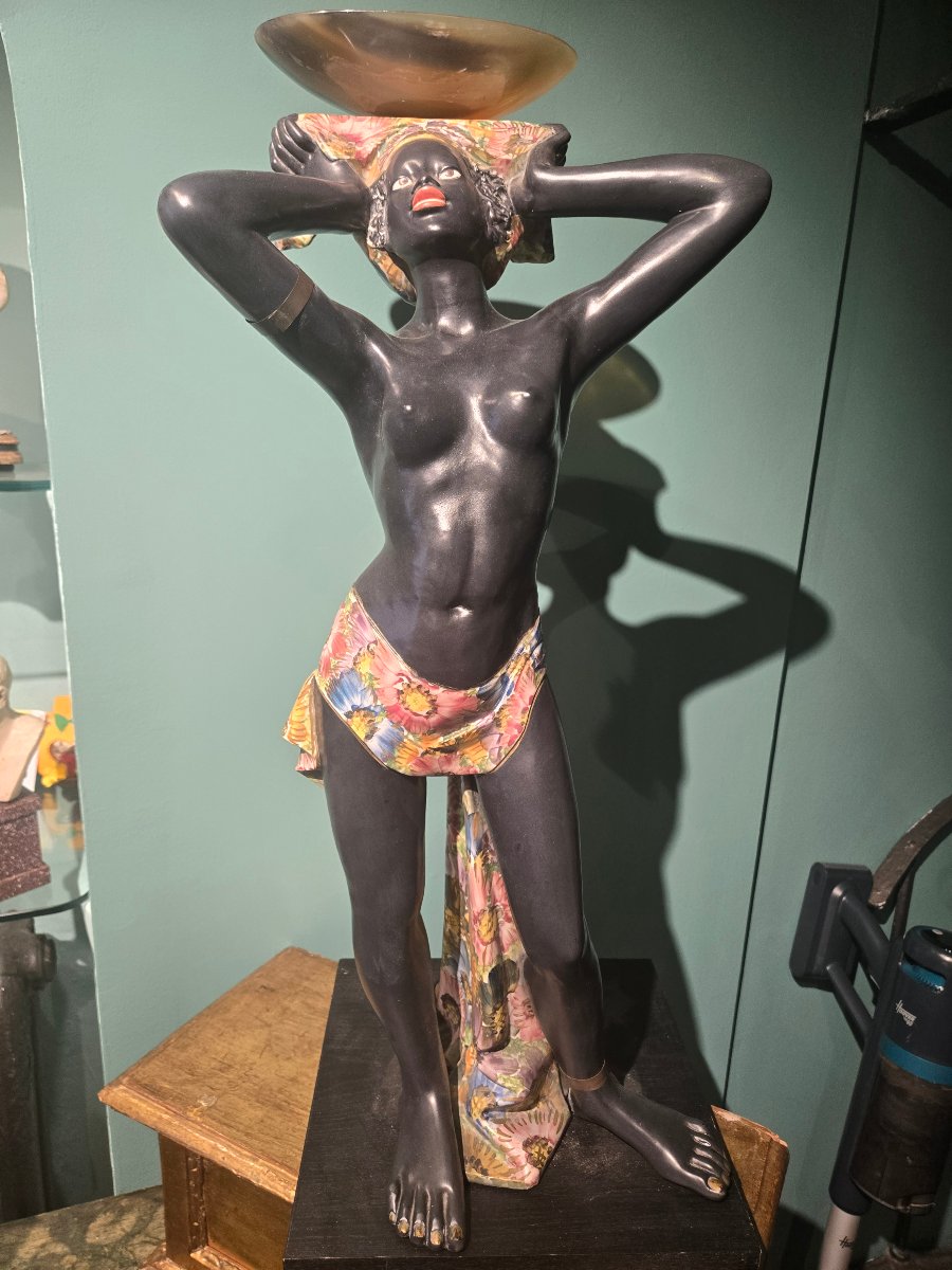 Paire de sculptures en ceramique peintes, moretti venitiens, XX siecle, h 83 cm , bon etat-photo-3