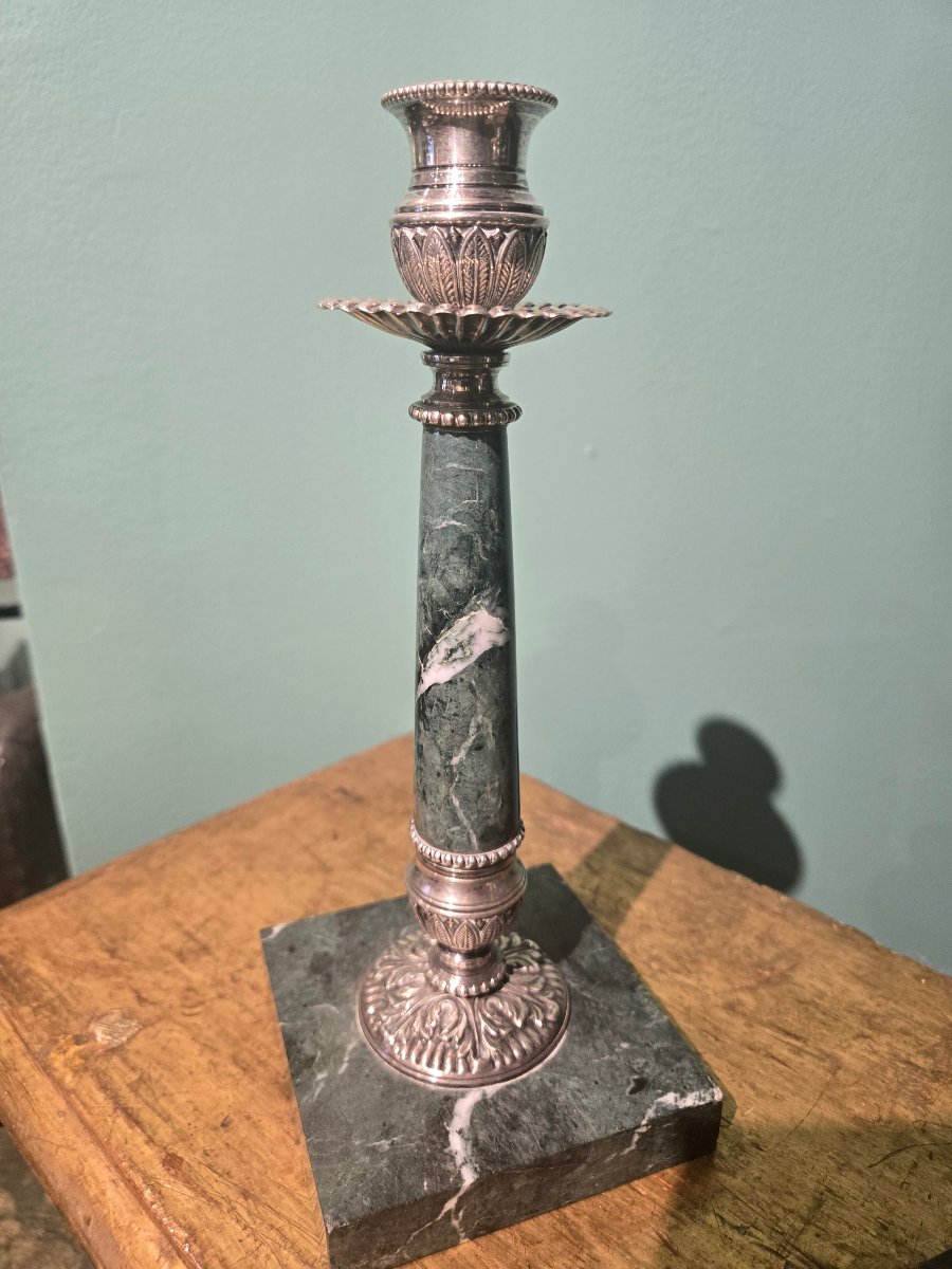 Pair Of Small Candlesticks In Silver And Verde Alpi Marble, 24 Cm High, 20th Century, In Good Condition -photo-2