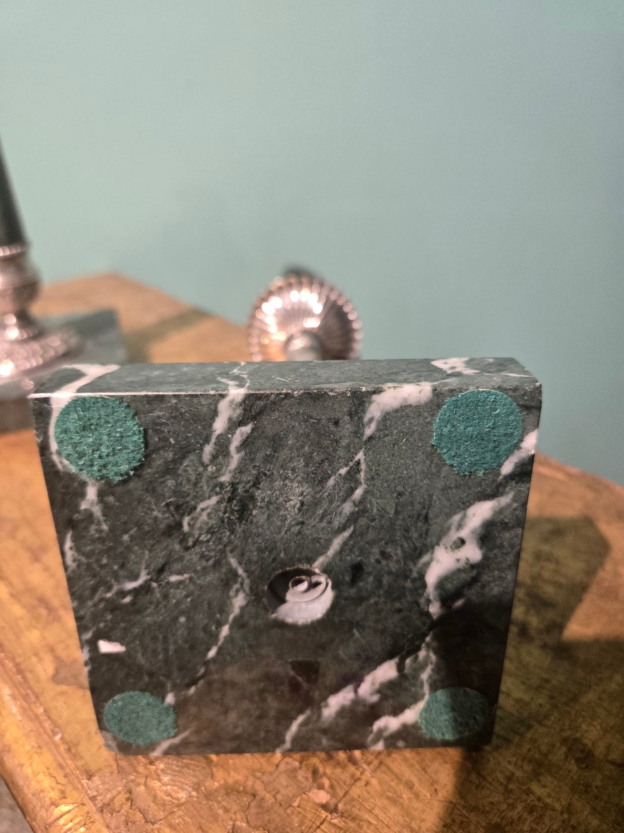 Pair Of Small Candlesticks In Silver And Verde Alpi Marble, 24 Cm High, 20th Century, In Good Condition -photo-3