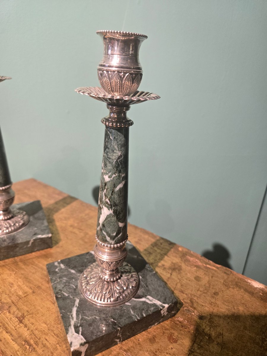 Pair Of Small Candlesticks In Silver And Verde Alpi Marble, 24 Cm High, 20th Century, In Good Condition -photo-4
