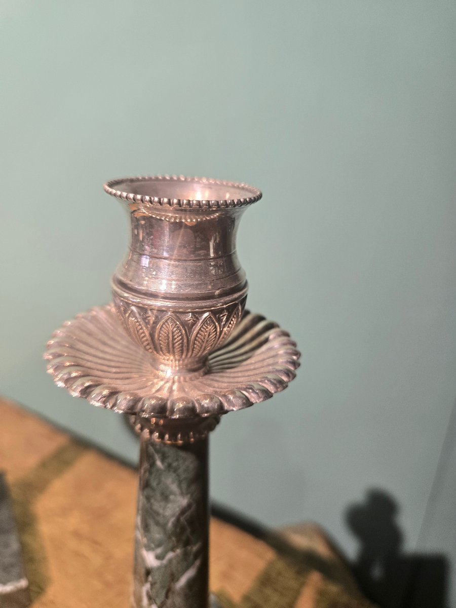 Pair Of Small Candlesticks In Silver And Verde Alpi Marble, 24 Cm High, 20th Century, In Good Condition -photo-1