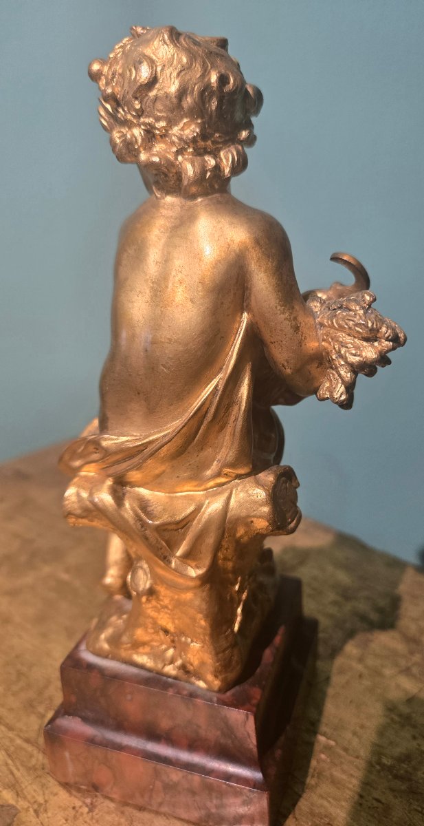 Putto en bronze dore avec socle en marbre, XIX , h 20 cm, signee Barbedienne -photo-2
