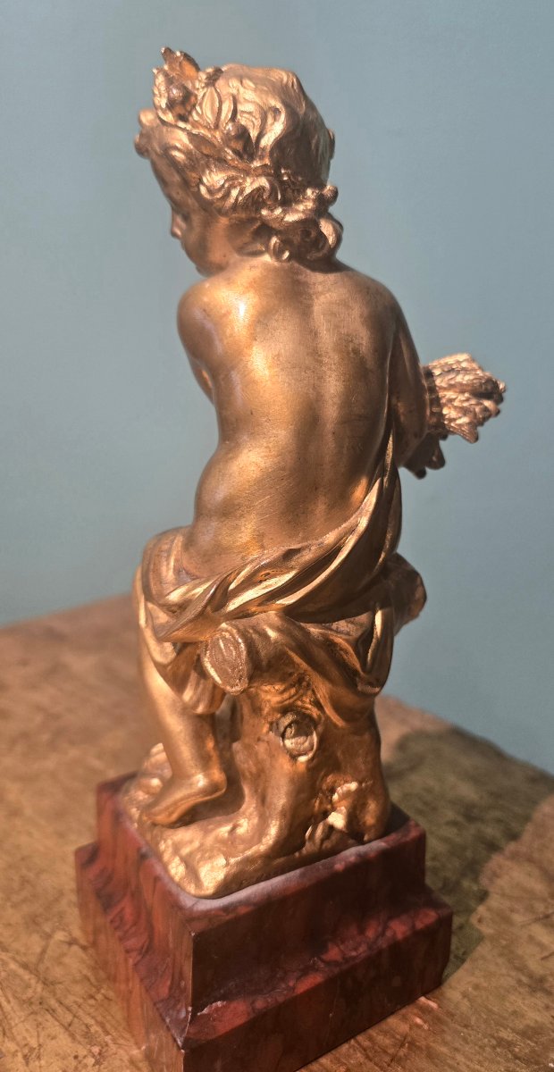 Putto en bronze dore avec socle en marbre, XIX , h 20 cm, signee Barbedienne -photo-3