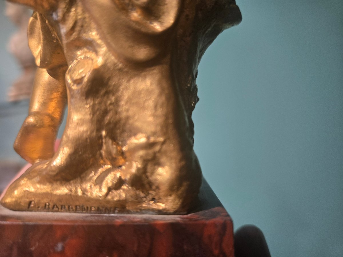 Putto en bronze dore avec socle en marbre, XIX , h 20 cm, signee Barbedienne -photo-4