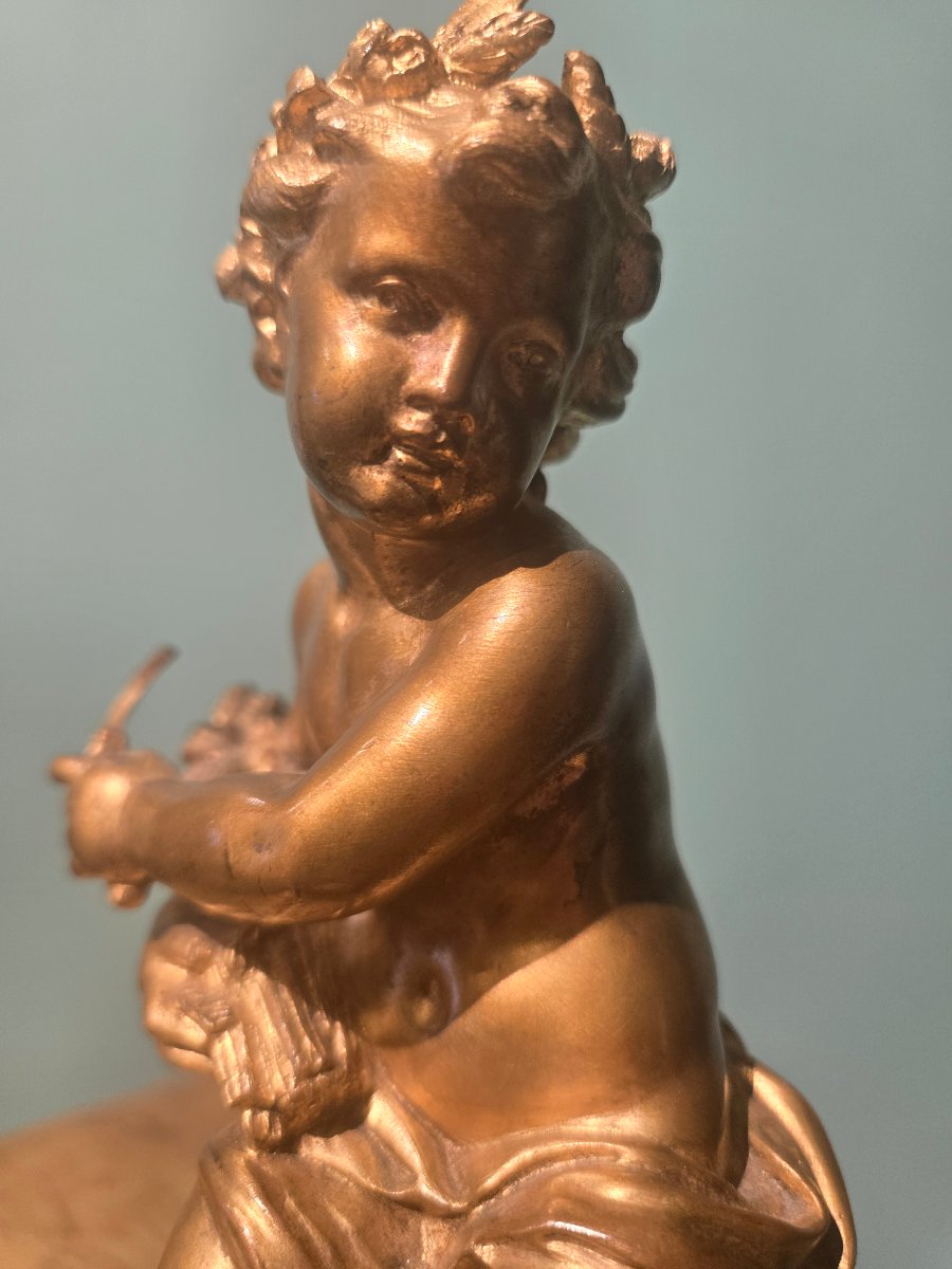 Putto en bronze dore avec socle en marbre, XIX , h 20 cm, signee Barbedienne -photo-1