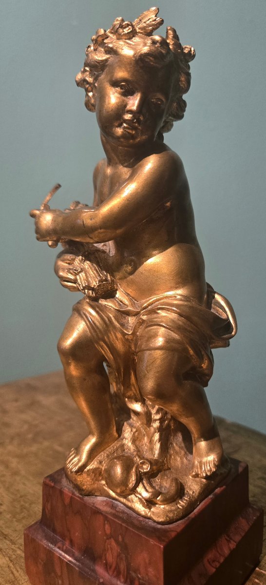 Putto en bronze dore avec socle en marbre, XIX , h 20 cm, signee Barbedienne -photo-2