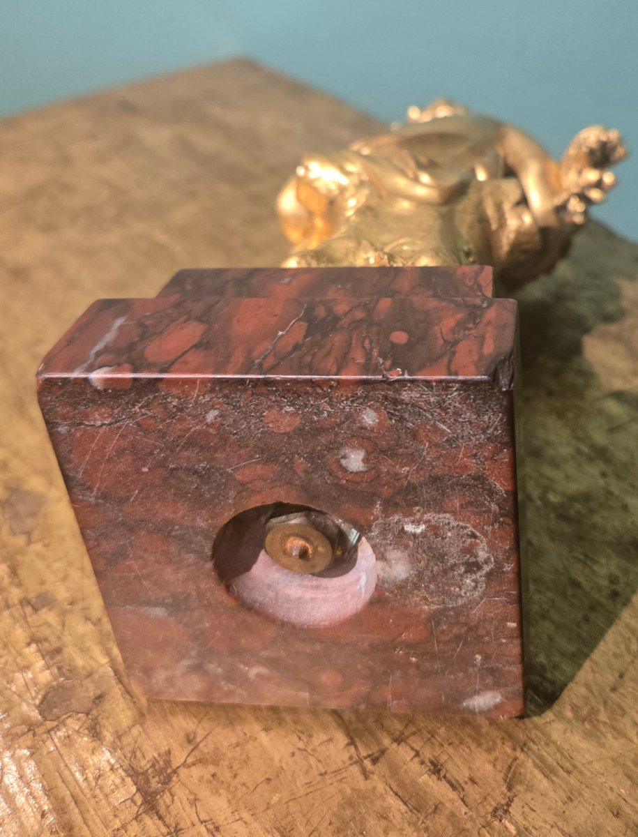 Putto en bronze dore avec socle en marbre, XIX , h 20 cm, signee Barbedienne -photo-3