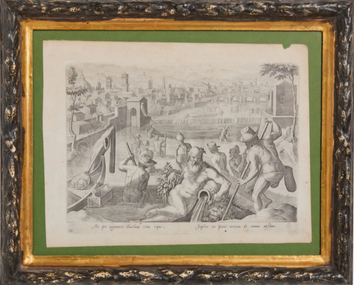 Paire de gravures avec des allegories fluviales, dans cadres anciens, bon etat, fin du XVIII -photo-3