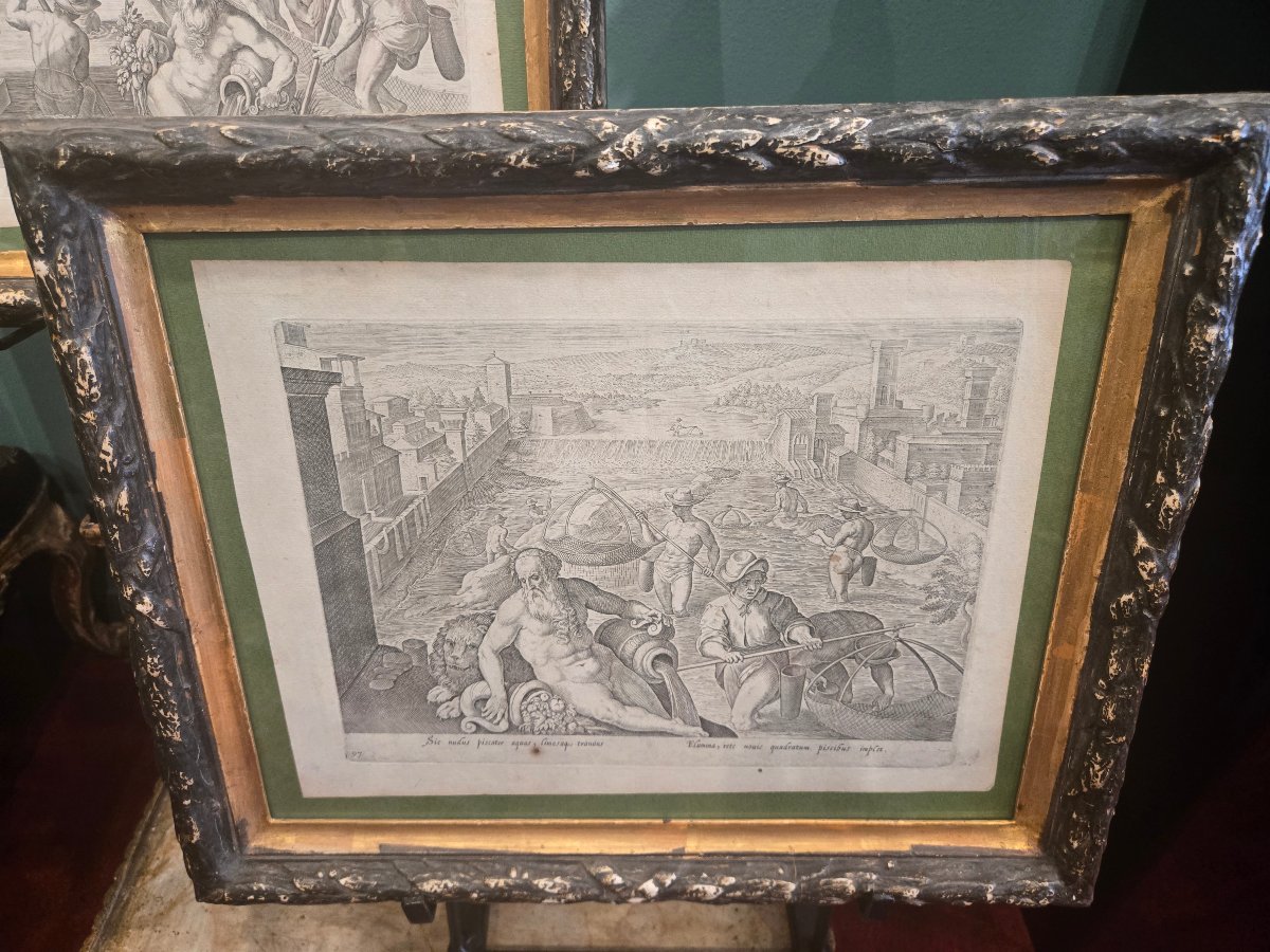 Paire de gravures avec des allegories fluviales, dans cadres anciens, bon etat, fin du XVIII -photo-4