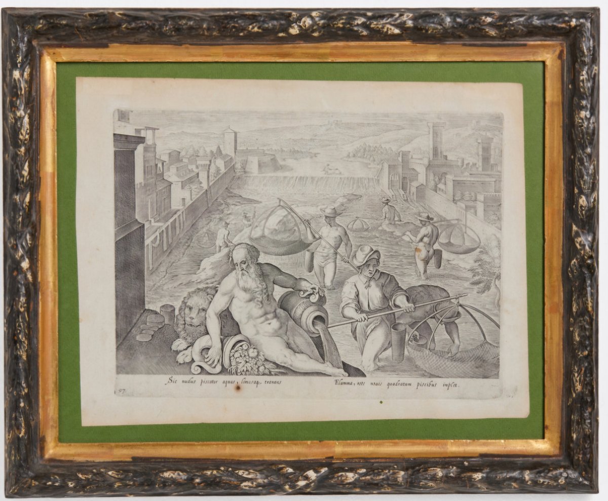 Paire de gravures avec des allegories fluviales, dans cadres anciens, bon etat, fin du XVIII -photo-1