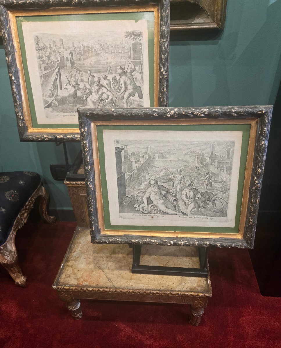 Paire de gravures avec des allegories fluviales, dans cadres anciens, bon etat, fin du XVIII 
