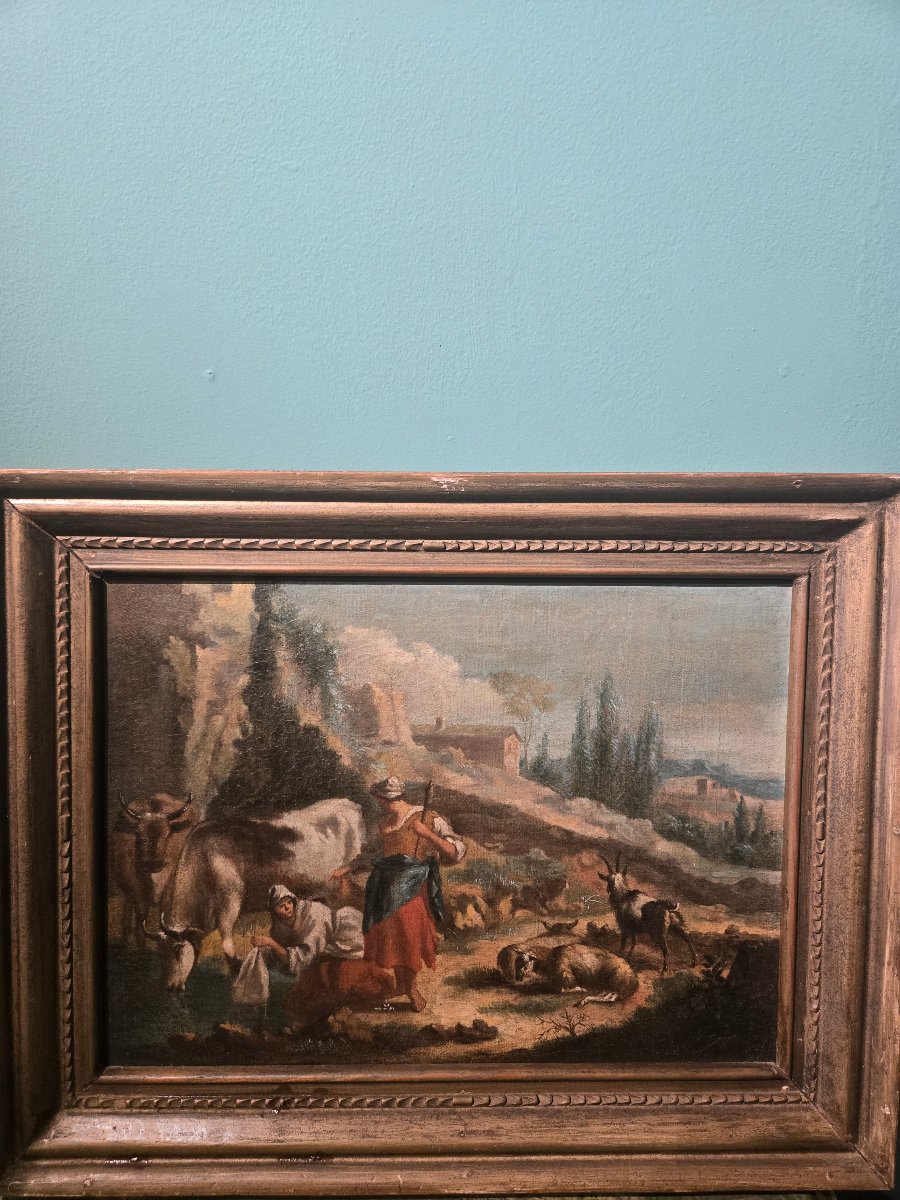 Oil On Canvas, Pastoral Scene In A Landscape, 18th-century Lombard School, 27 X 38 Cm -photo-3