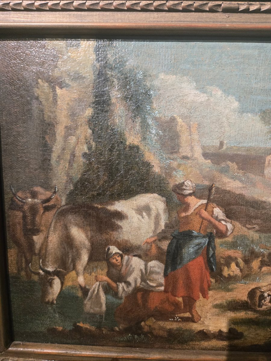 Oil On Canvas, Pastoral Scene In A Landscape, 18th-century Lombard School, 27 X 38 Cm -photo-4