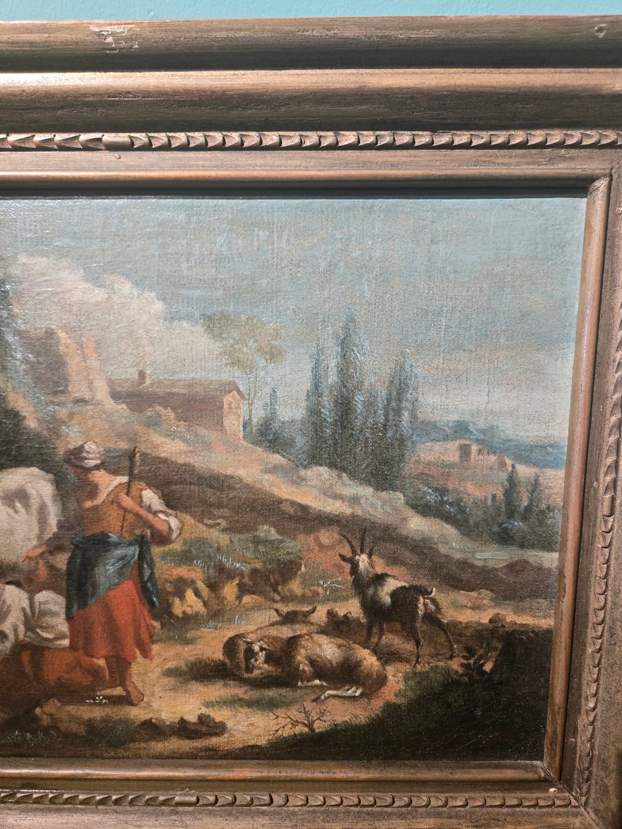 Oil On Canvas, Pastoral Scene In A Landscape, 18th-century Lombard School, 27 X 38 Cm -photo-1