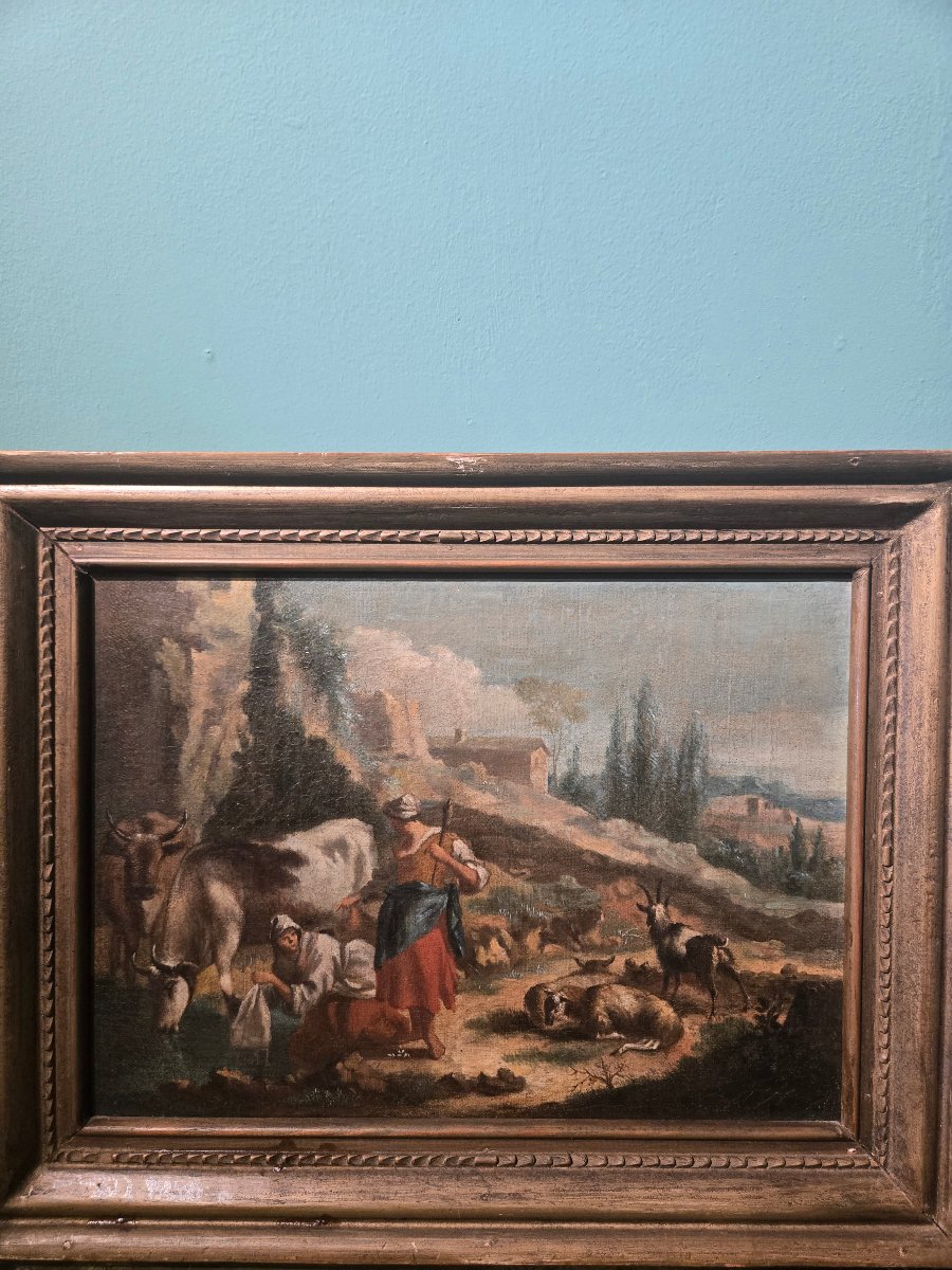 Oil On Canvas, Pastoral Scene In A Landscape, 18th-century Lombard School, 27 X 38 Cm 