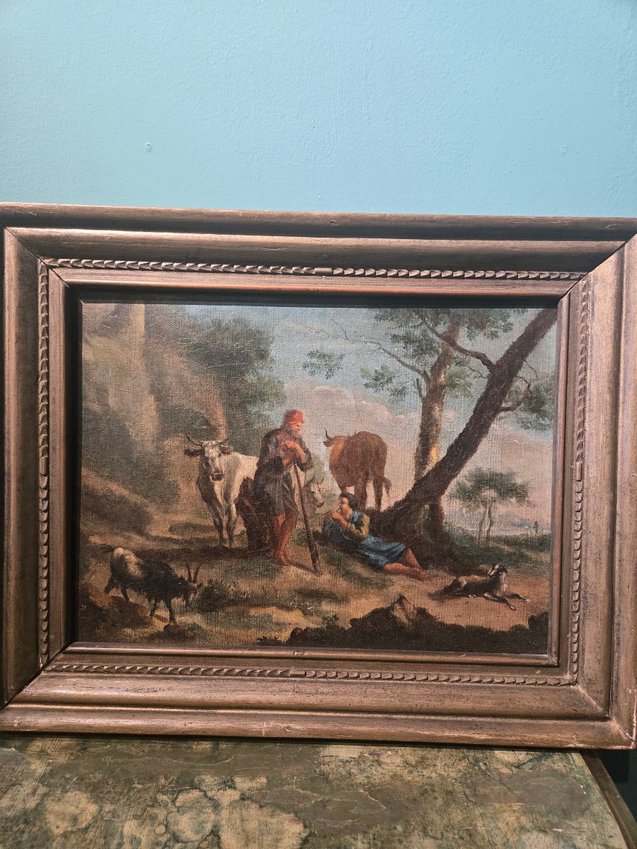 Oil On Canvas, Pastoral Scene In A Landscape, 27 X 38 Cm, Lombardy, 18th Century, Excellent Condition-photo-2