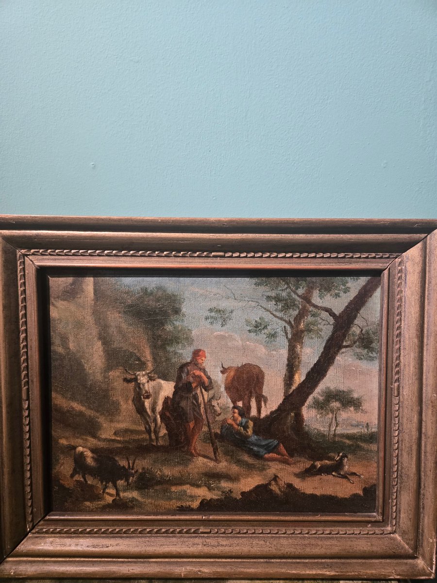 Oil On Canvas, Pastoral Scene In A Landscape, 27 X 38 Cm, Lombardy, 18th Century, Excellent Condition-photo-4