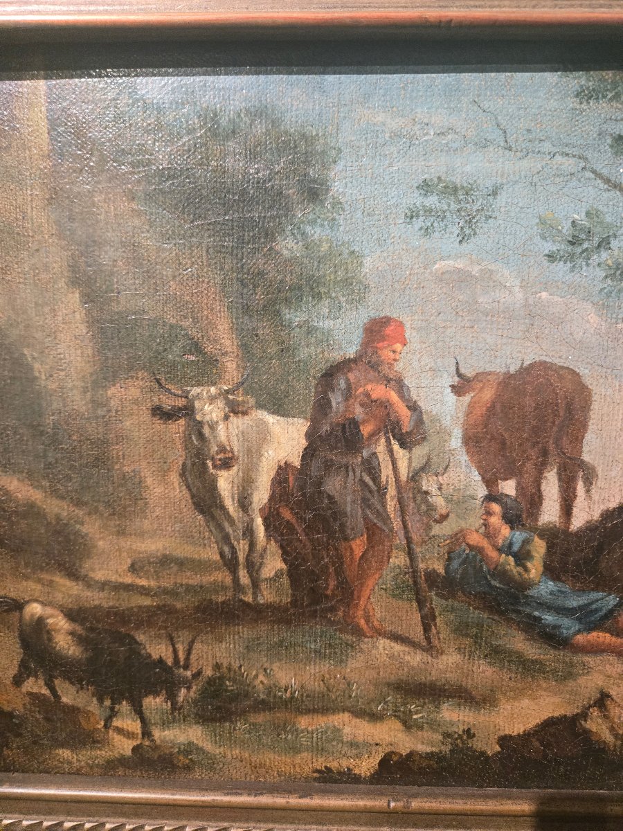 Oil On Canvas, Pastoral Scene In A Landscape, 27 X 38 Cm, Lombardy, 18th Century, Excellent Condition