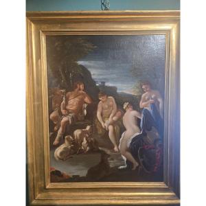 Huile sur toile, cm 74.5 x 58.5, cadre antique, " Le jugement de Paris" ,  N. Malinconico '700 