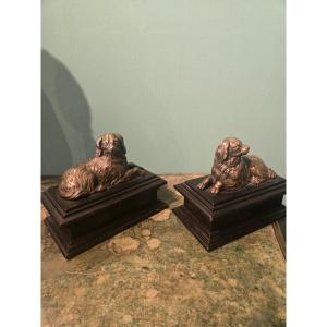 Small Bronze Dogs, Late 19th Century, Mounted On A Wooden Base (added Later), 15 X 8 Cm