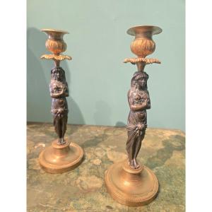 Pair Of Bronze Candlesticks, Height 26 Cm, 