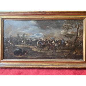 Pair Of Oil Paintings On Canvas, Battle Scenes, Naples, Late 17th Century, Attributed To Ciccio Napol, In Excellent Condition