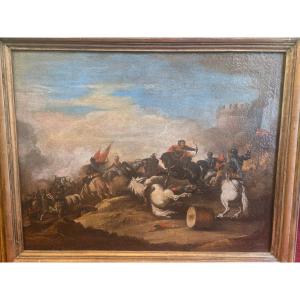 Oil On Canvas, Battle Scene, Late 17th Century, In Fair Condition 