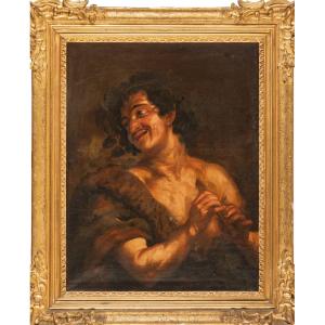 Huile sur toile, cm 75 x 61 , Le joueur de flute, ecole flamande fin du XVII siecle, bon etat