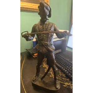 Patinated Bronze Sculpture, Hussar With Sword, Signed And Dated Strobl 1922, In Excellent Condition