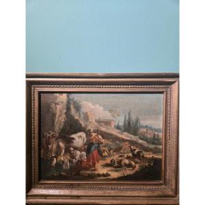Huile sur toile, scene pastorale dans paysage, italie du nord , XVIII siecle, cm 27 x 38