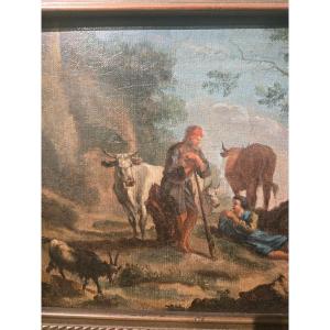Huile sur toile, scene pastorale dans paysage, italie du nord XVIII siecle, cm 27 x38, bon etat