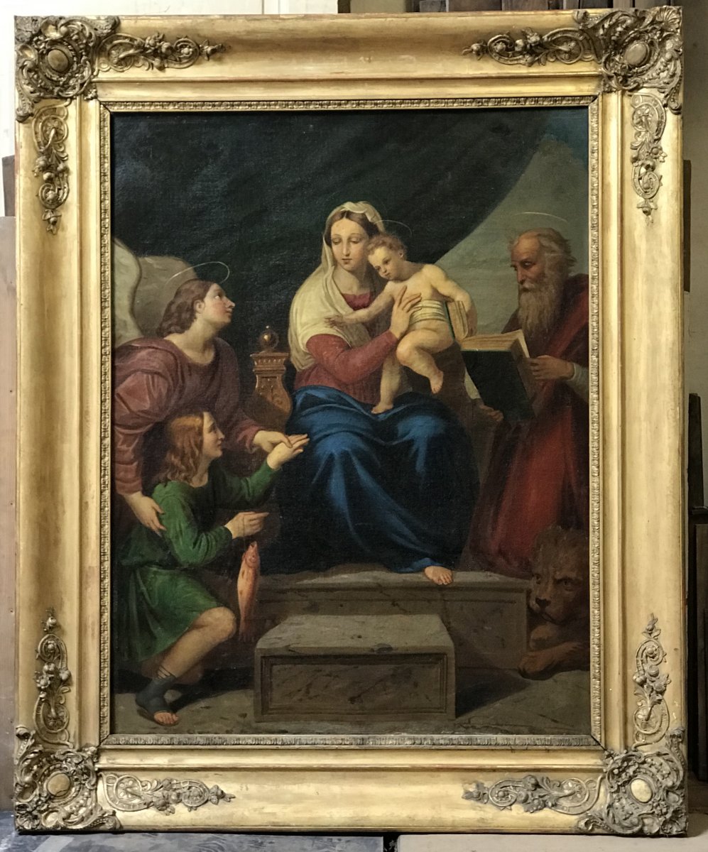 Large Painting After Raphael "the Virgin With Fish"