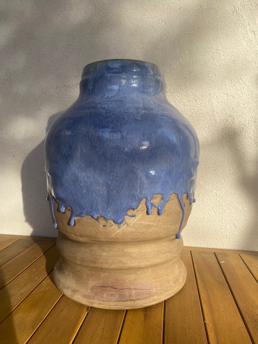Blue Glazed Ceramic Vase, Vf Stamp-photo-2