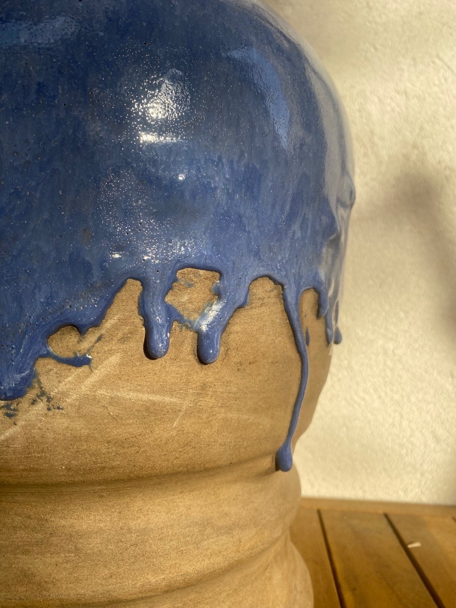 Blue Glazed Ceramic Vase, Vf Stamp-photo-4