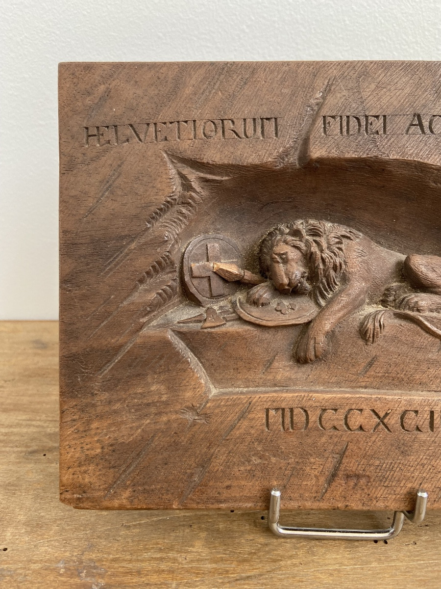 Lion Of Lucerne, Bas Relief On Wood, 19th-photo-2