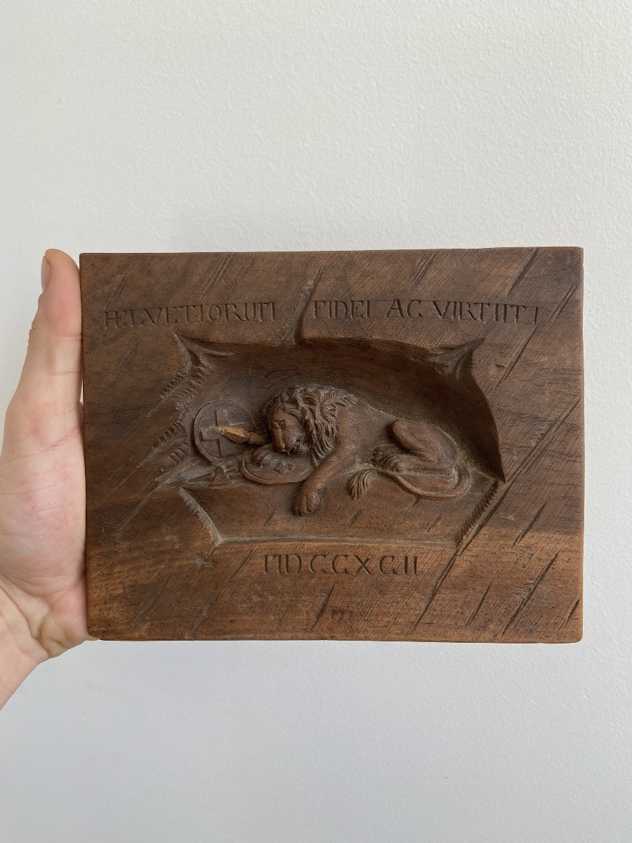 Lion Of Lucerne, Bas Relief On Wood, 19th-photo-1