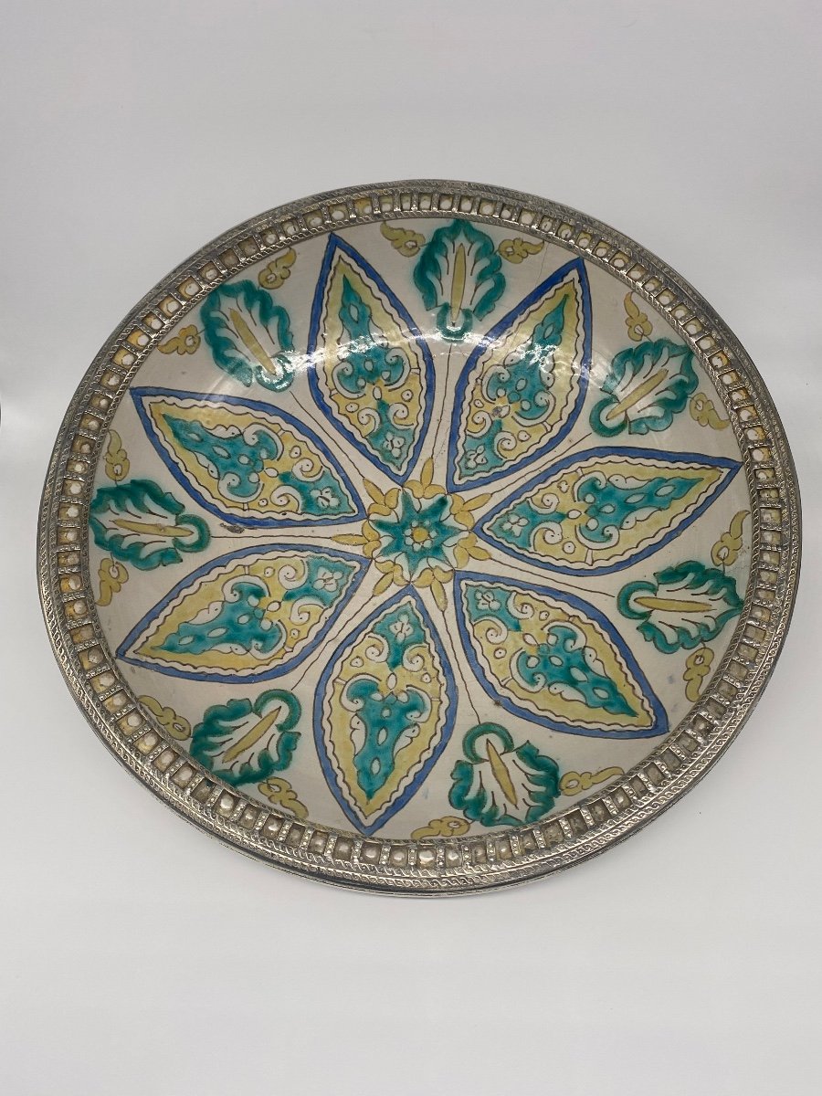 Plat Ghotar Faïence Fès Maroc Fer-blanc 51cm