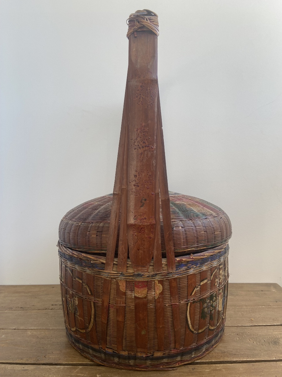 China: Bakul Siah Red Polychrome Lacquered Woven Bamboo And Wicker Wedding Basket-photo-3
