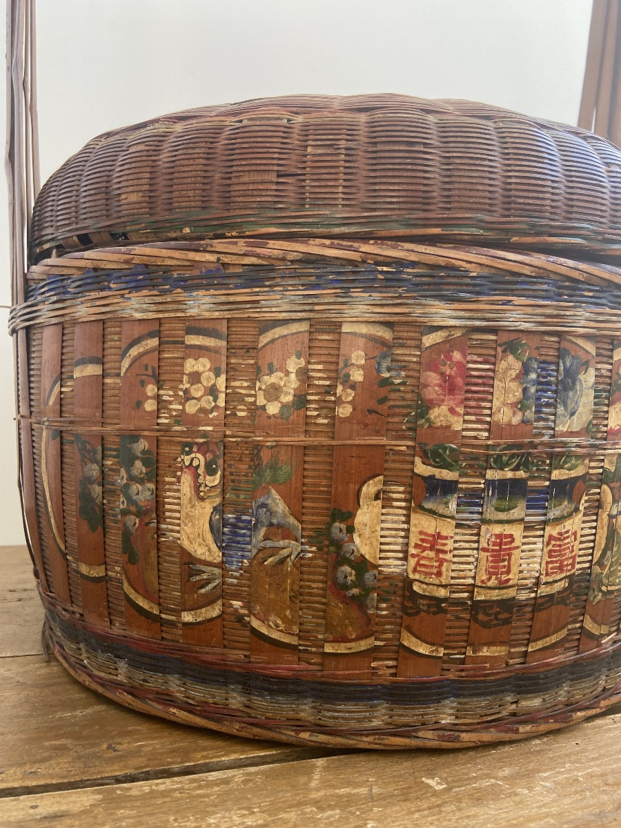 China: Bakul Siah Red Polychrome Lacquered Woven Bamboo And Wicker Wedding Basket-photo-4